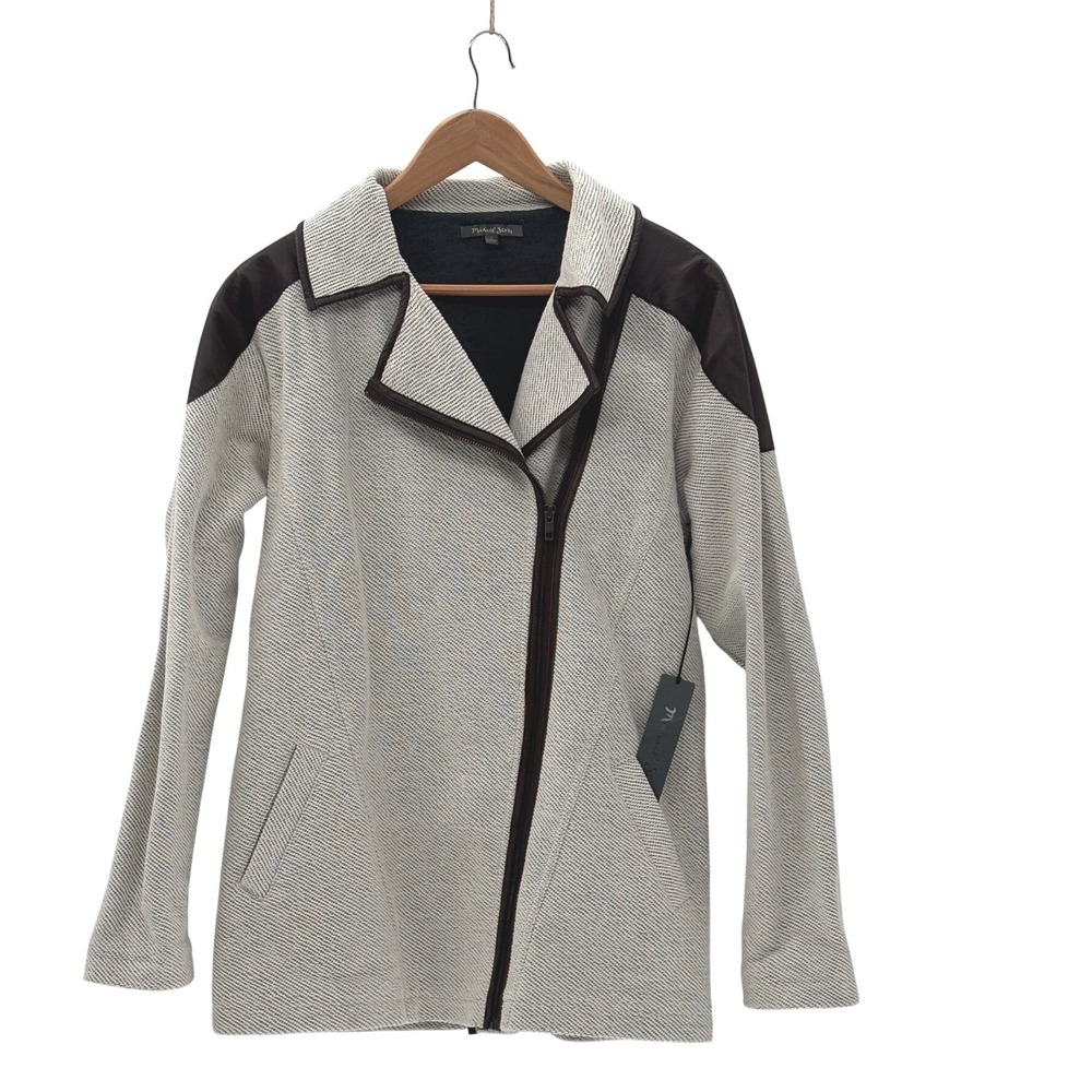 New Michael Stars Jacket Moto‎ Boucle Leather Trim Luxury Women Large Brown Gray